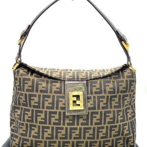 Auth Fendi Zucca FF Hardware Canvas Khaki One Shoulder Bag.